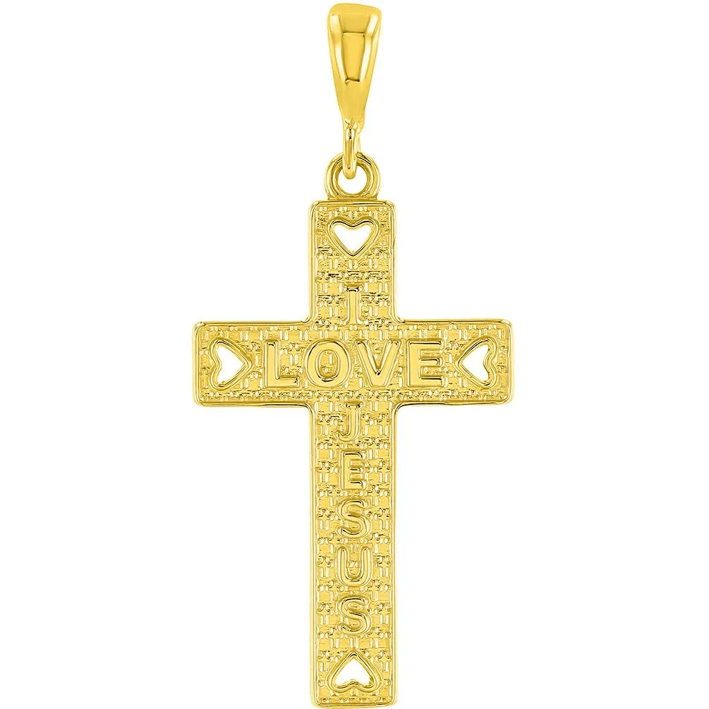 14K Yellow Gold I Love Jesus Cross Charm Pendant Necklace