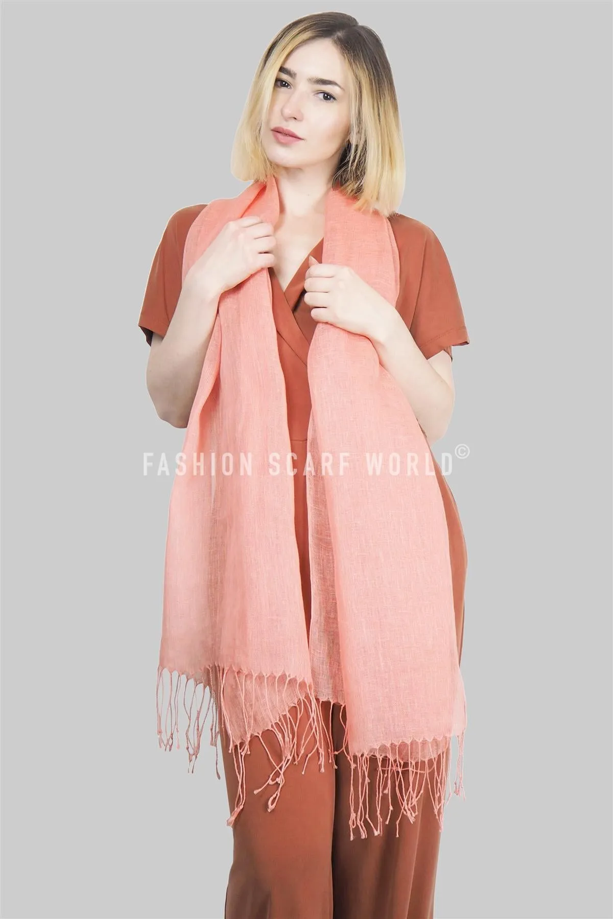 247501 Versatile Classic Plain Tassel Linen Scarf