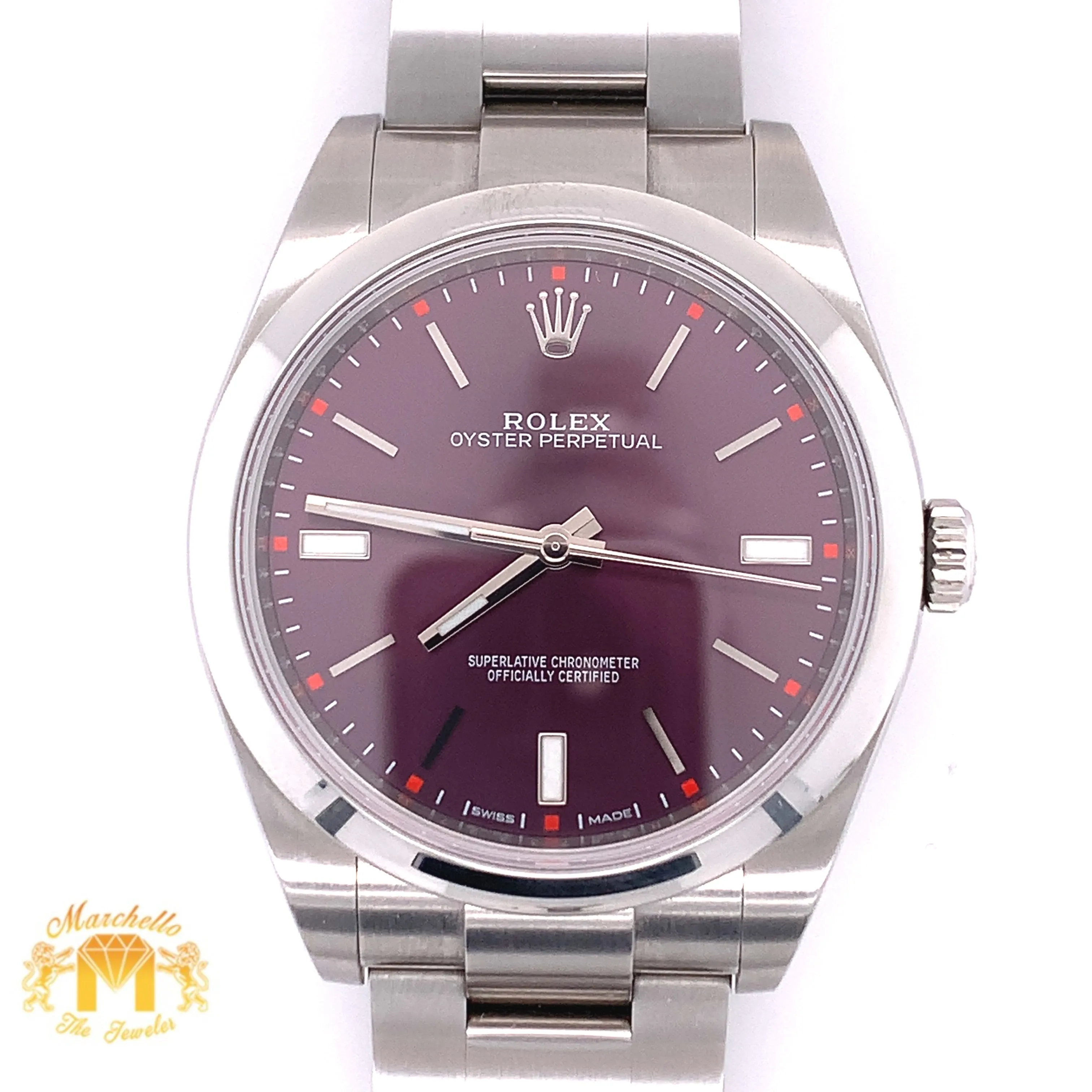 39mm Rolex Oyster Perpetual Watch with Stainless Steel Band (purple dial, papers)