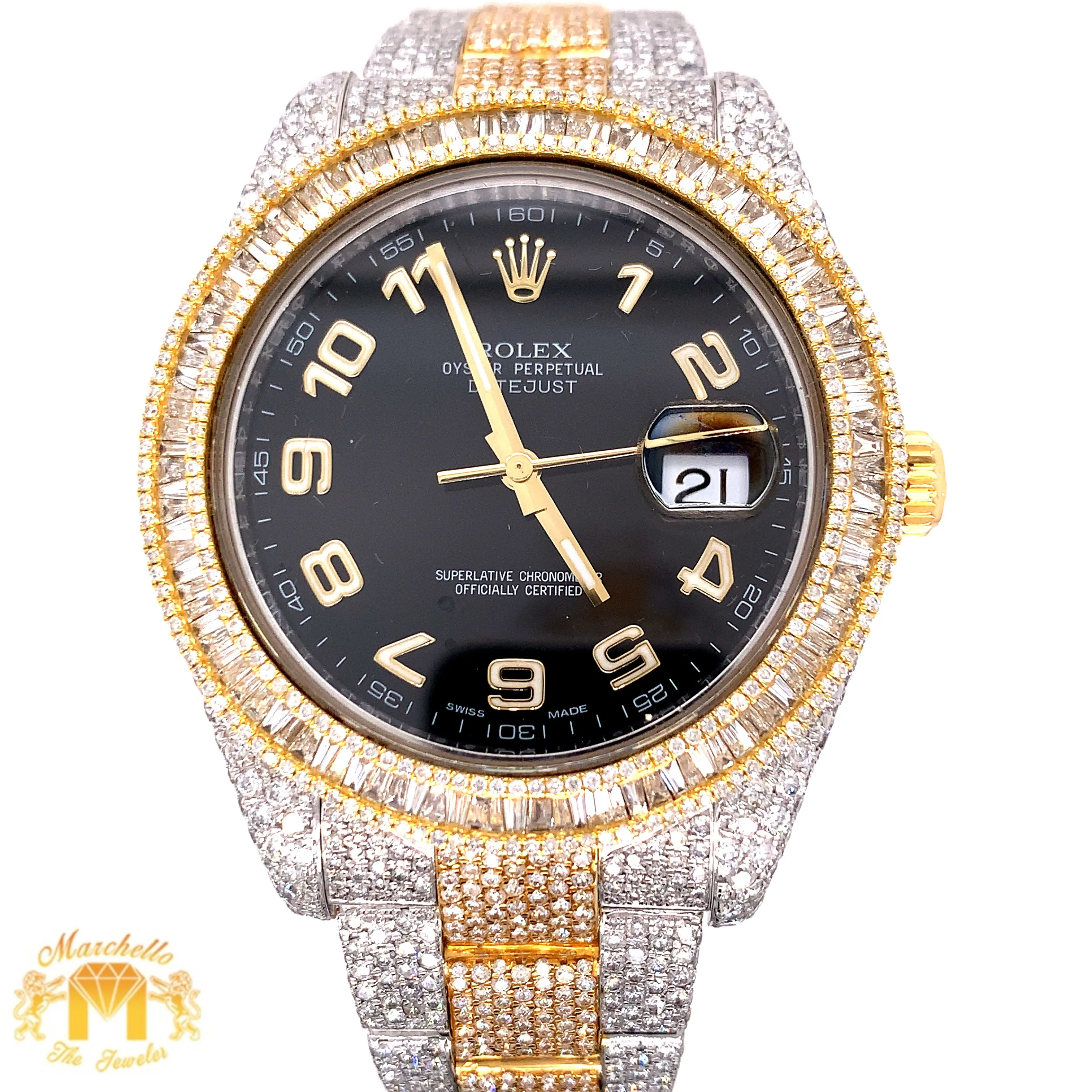 41mm Fully Iced Out Diamond Rolex Datejust 2 Watch with Two-tone Oyster Bracelet (baguette bezel)