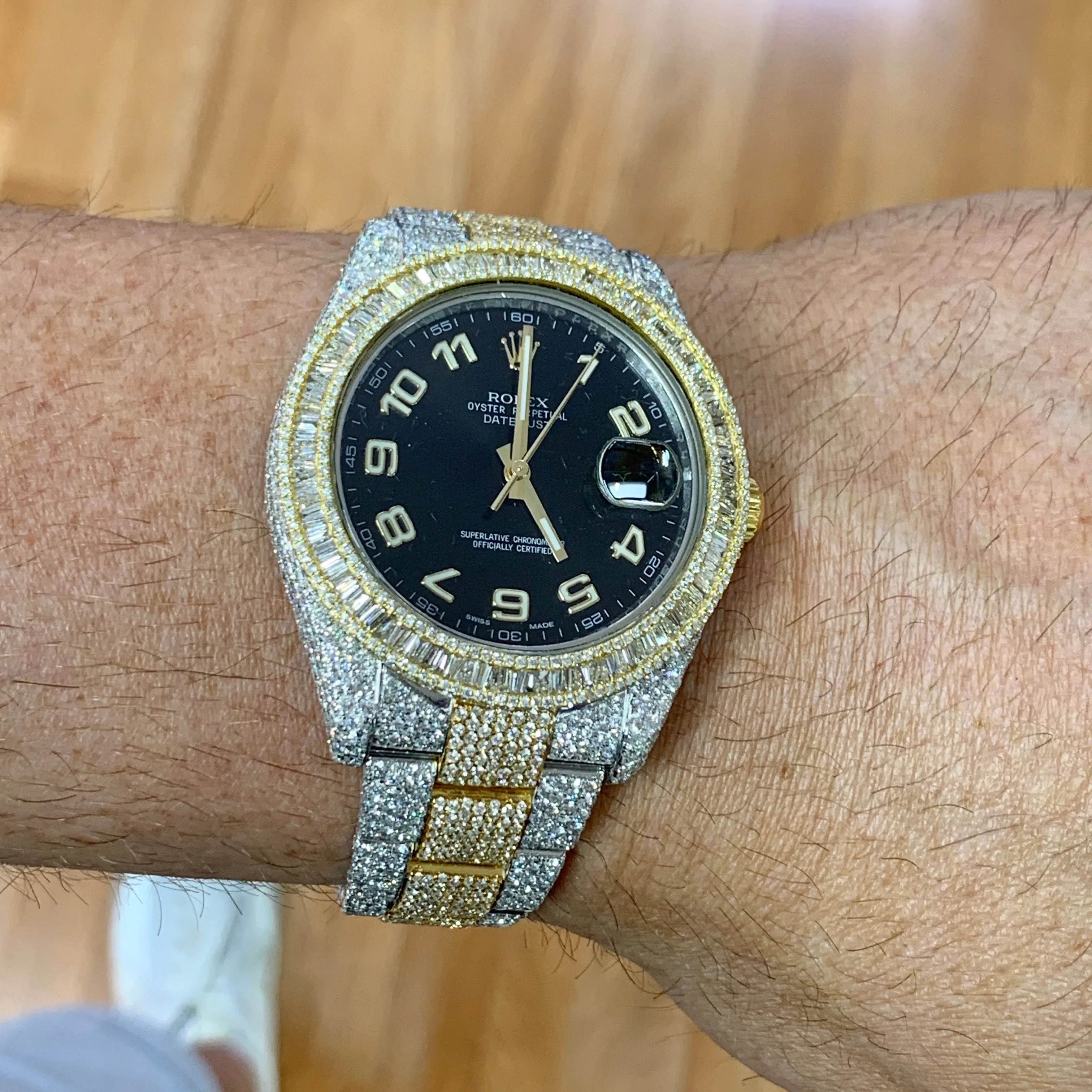 41mm Fully Iced Out Diamond Rolex Datejust 2 Watch with Two-tone Oyster Bracelet (baguette bezel)