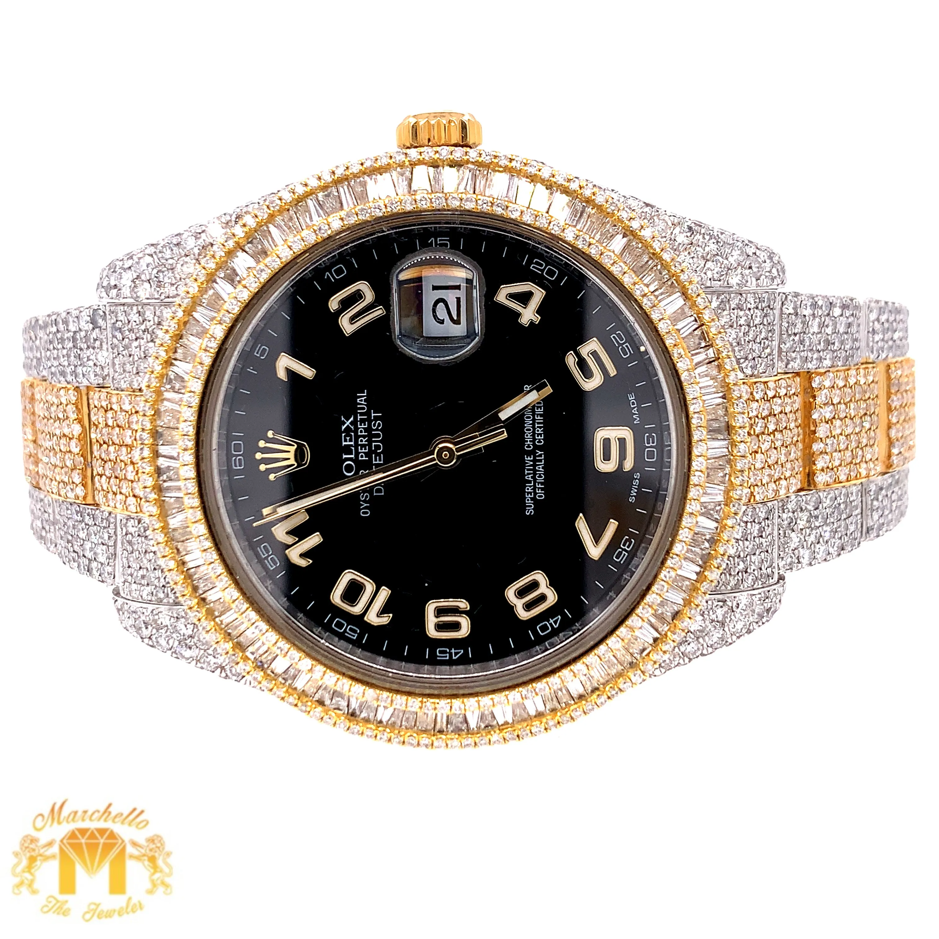 41mm Fully Iced Out Diamond Rolex Datejust 2 Watch with Two-tone Oyster Bracelet (baguette bezel)