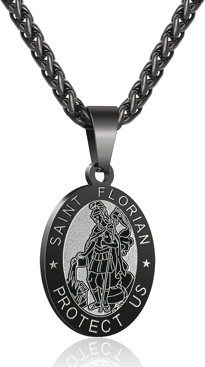 Apsvo Oval Saint Christopher/Michael/Joseph/Virgin Mary/Florian/Jude Pendant Medal Necklace, Catholic Stainless Steel Wheat Chain 24 Inches