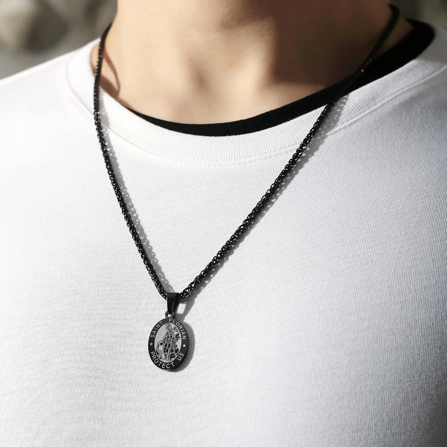 Apsvo Oval Saint Christopher/Michael/Joseph/Virgin Mary/Florian/Jude Pendant Medal Necklace, Catholic Stainless Steel Wheat Chain 24 Inches