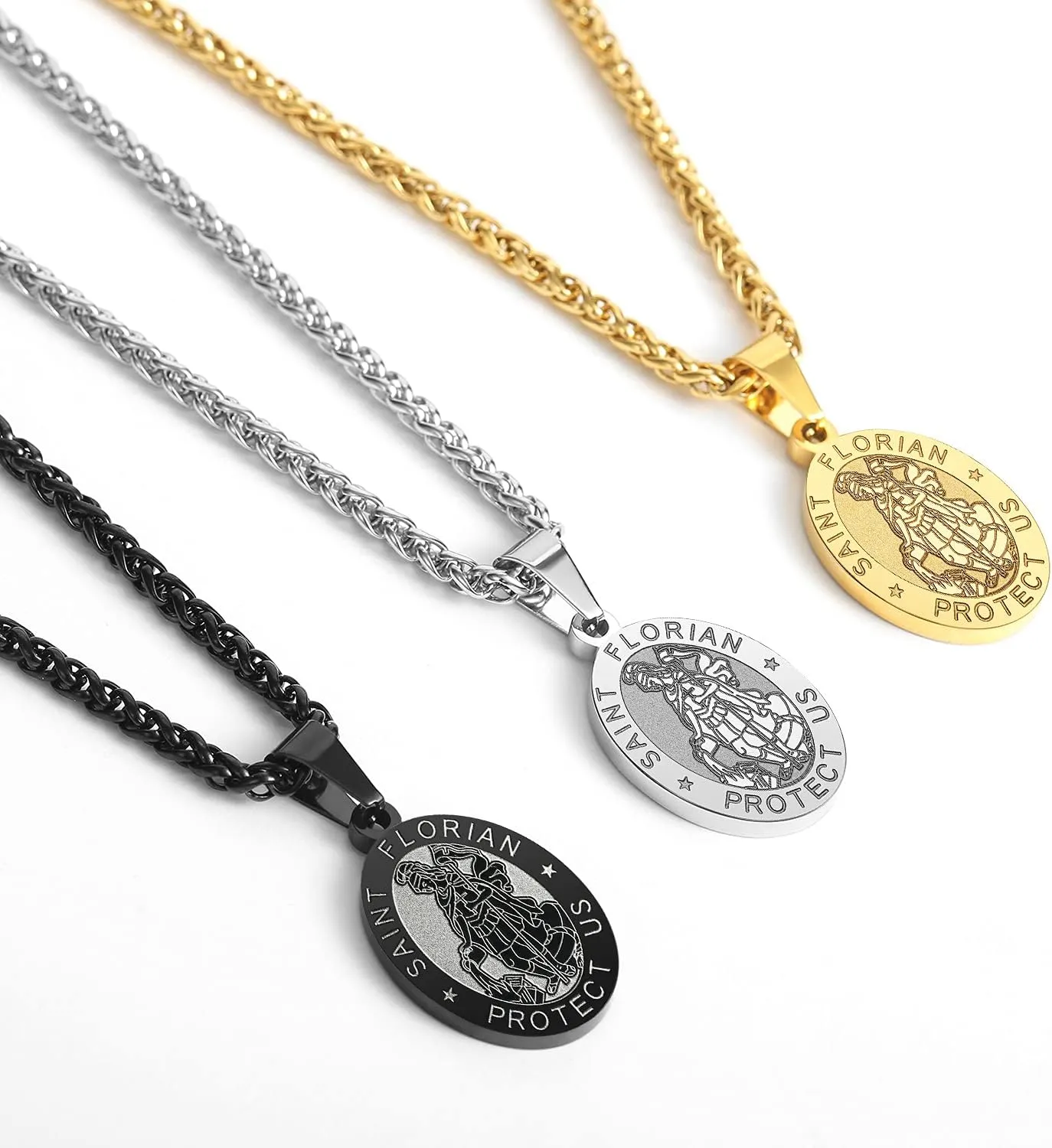 Apsvo Oval Saint Christopher/Michael/Joseph/Virgin Mary/Florian/Jude Pendant Medal Necklace, Catholic Stainless Steel Wheat Chain 24 Inches