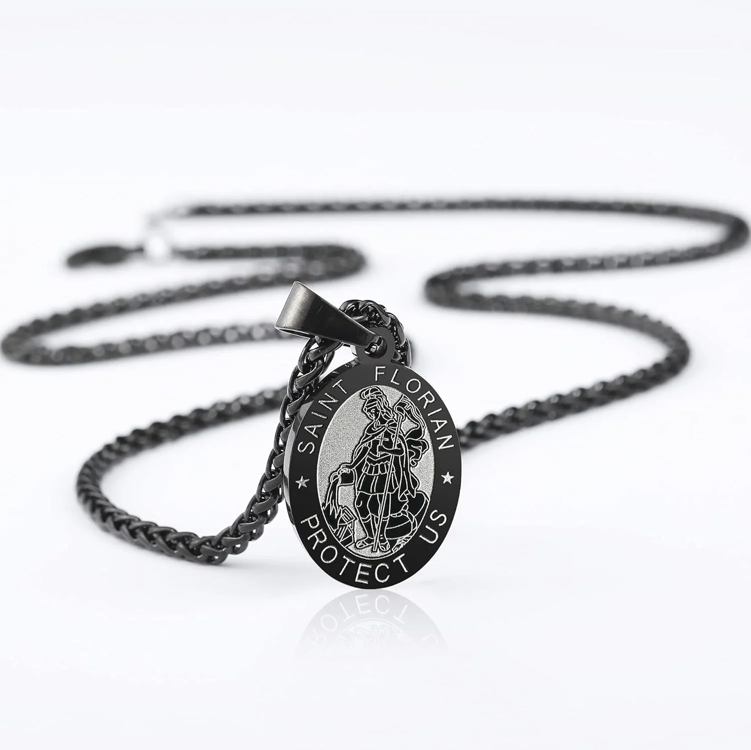 Apsvo Oval Saint Christopher/Michael/Joseph/Virgin Mary/Florian/Jude Pendant Medal Necklace, Catholic Stainless Steel Wheat Chain 24 Inches
