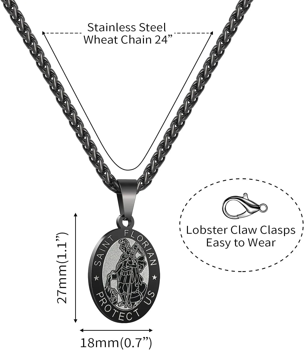 Apsvo Oval Saint Christopher/Michael/Joseph/Virgin Mary/Florian/Jude Pendant Medal Necklace, Catholic Stainless Steel Wheat Chain 24 Inches