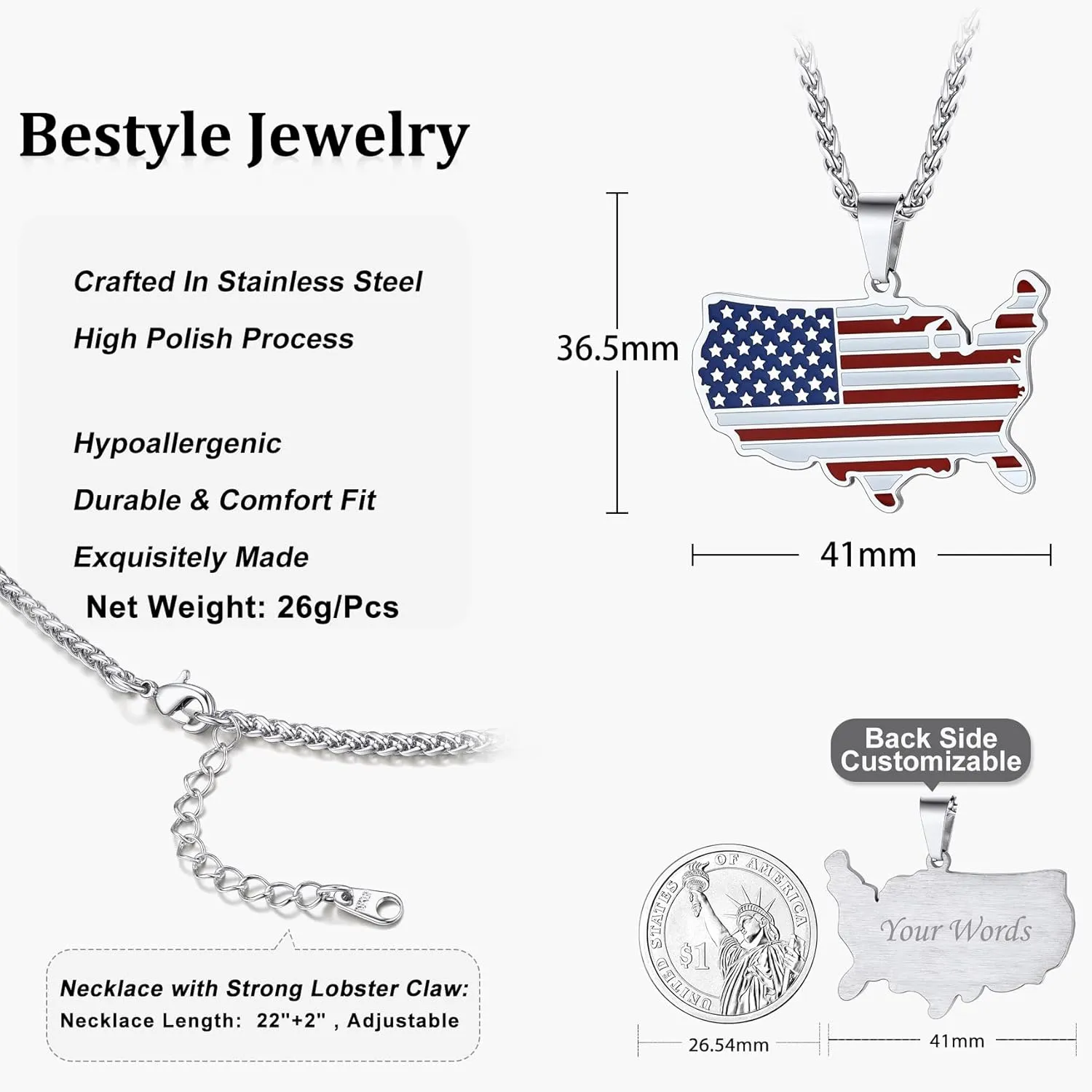Bestyle American Flag Patriotic Necklace Heavy Thick Stainless Steel Dog Tag Pendant for Men Boy Women, Great Gift for Naturalization Ceremony/National Independence Day/Join The Army Party