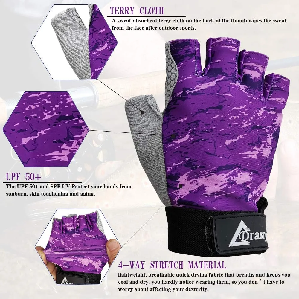 Drasry UV Fishing Gloves Fingerless Sun Protection Men Women UPF50 SPF for Fishing Kayaking Paddling Hiking Sailing Rowing Driving Canoeing Glove