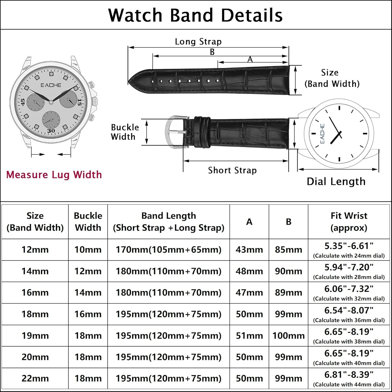 EACHE Croco Design Leather Watch Bands, Classical Leather Watch Straps For Women&Mens Waterproof 12mm 14mm 16mm 18mm 19mm 20mm 22mm