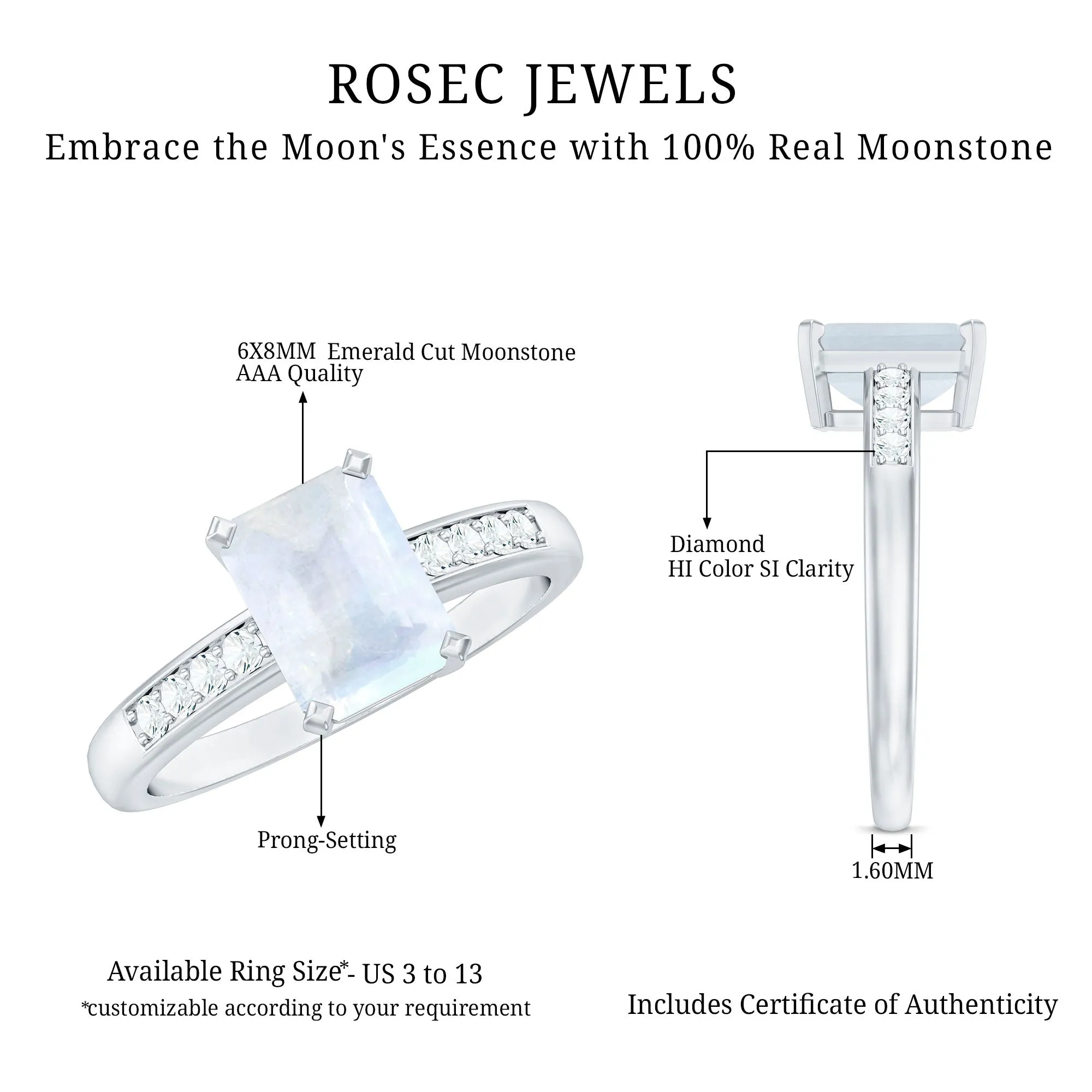 Emerald Cut Moonstone Solitaire Engagement Ring with Diamond Side Stones
