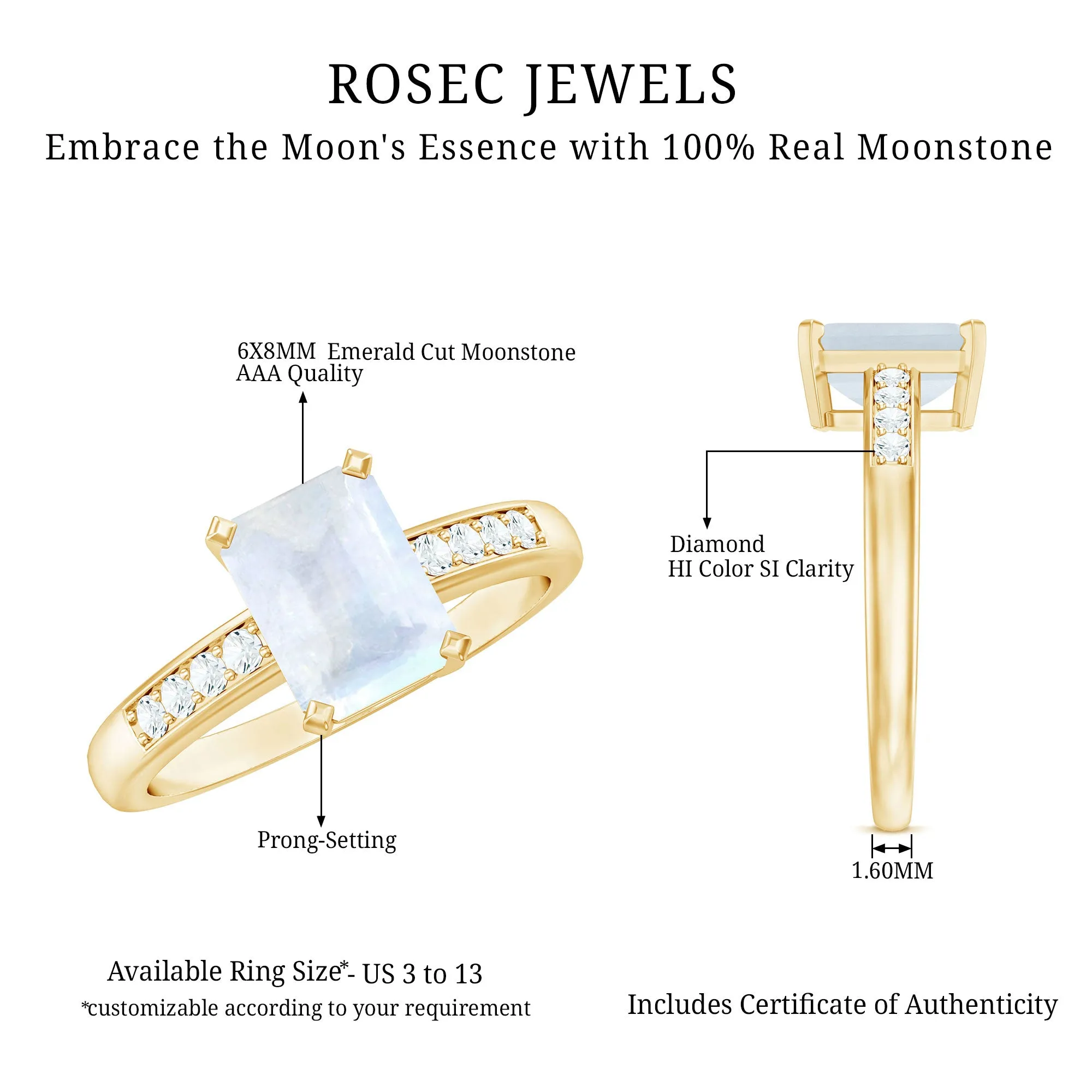 Emerald Cut Moonstone Solitaire Engagement Ring with Diamond Side Stones