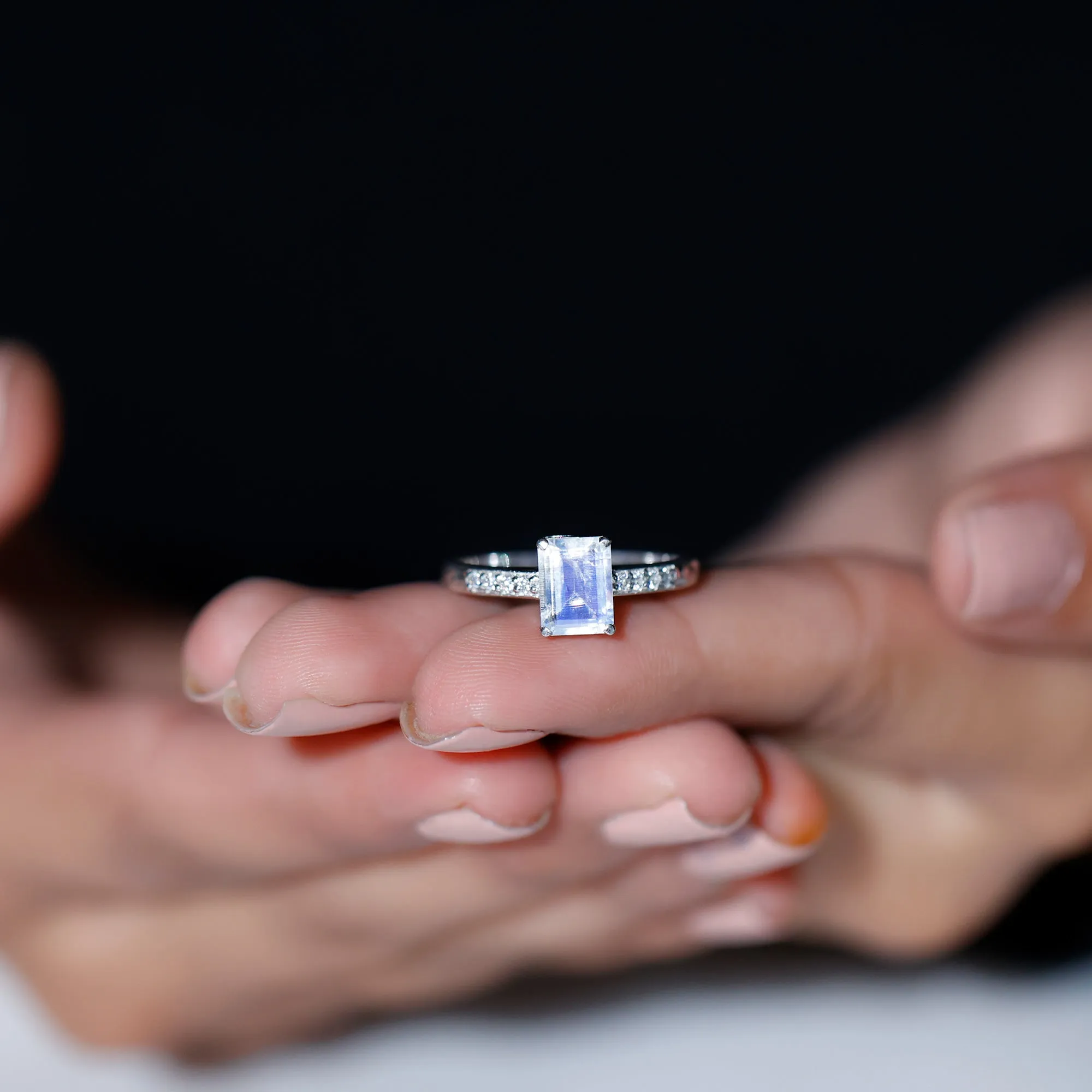 Emerald Cut Moonstone Solitaire Engagement Ring with Diamond Side Stones