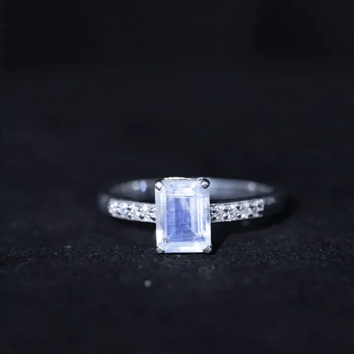 Emerald Cut Moonstone Solitaire Engagement Ring with Diamond Side Stones