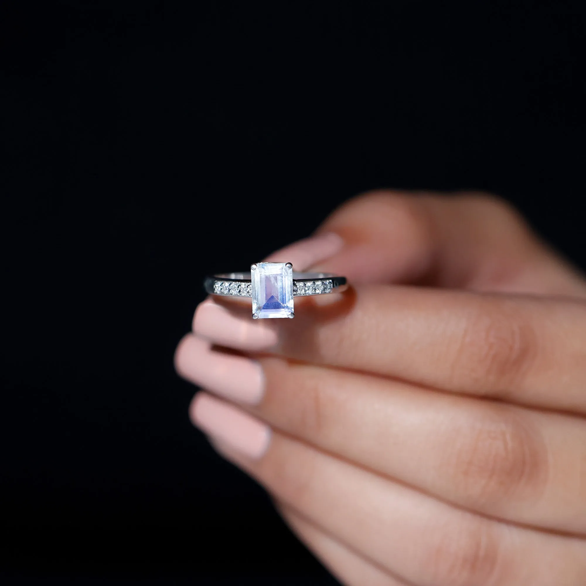 Emerald Cut Moonstone Solitaire Engagement Ring with Diamond Side Stones