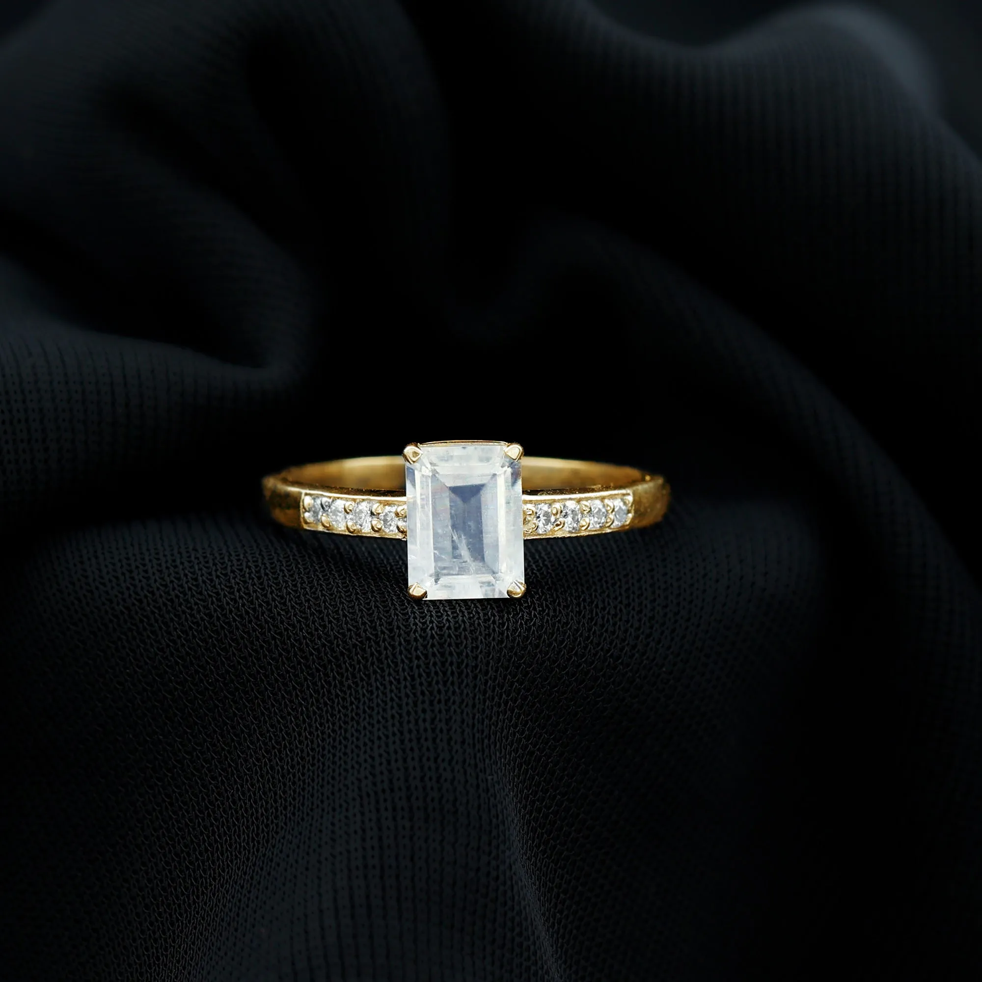 Emerald Cut Moonstone Solitaire Engagement Ring with Diamond Side Stones