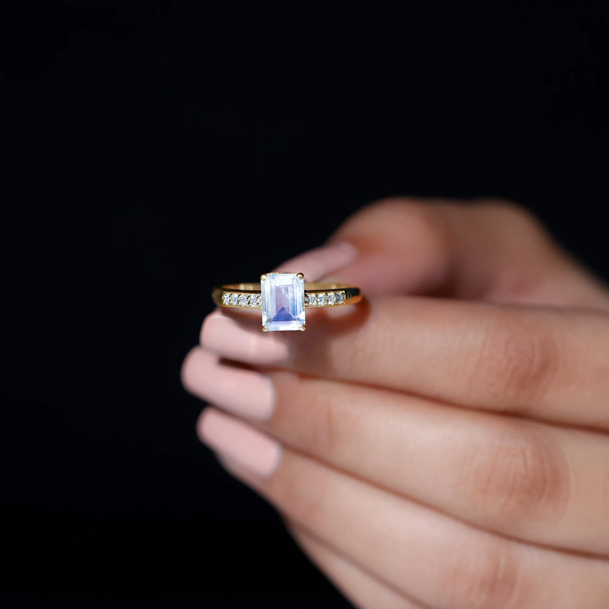 Emerald Cut Moonstone Solitaire Engagement Ring with Diamond Side Stones