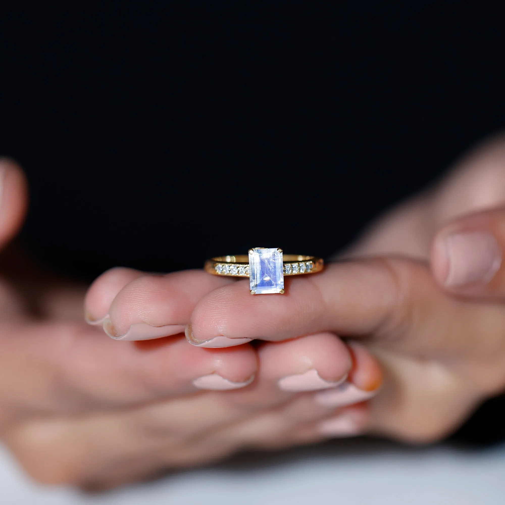 Emerald Cut Moonstone Solitaire Engagement Ring with Diamond Side Stones