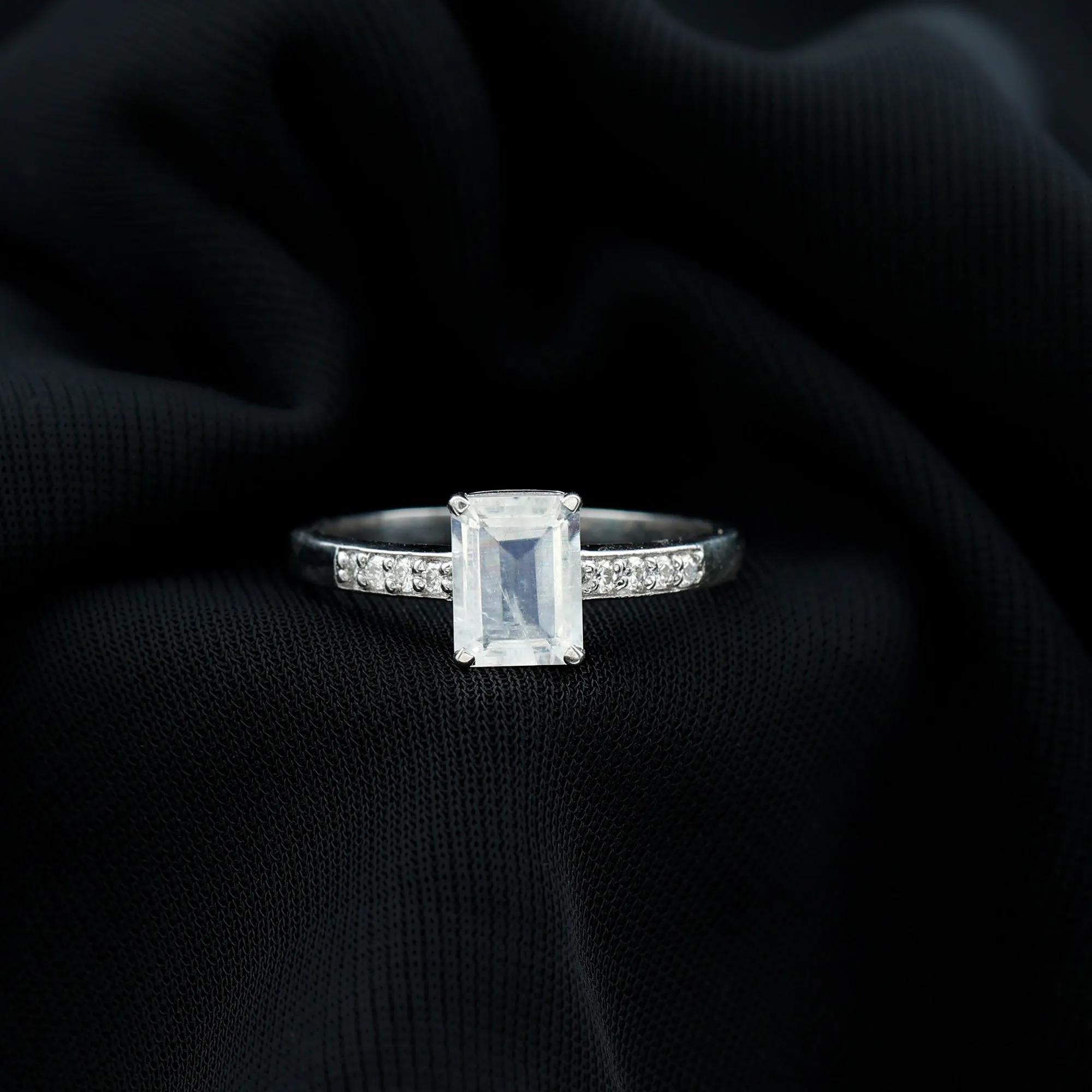 Emerald Cut Moonstone Solitaire Engagement Ring with Diamond Side Stones