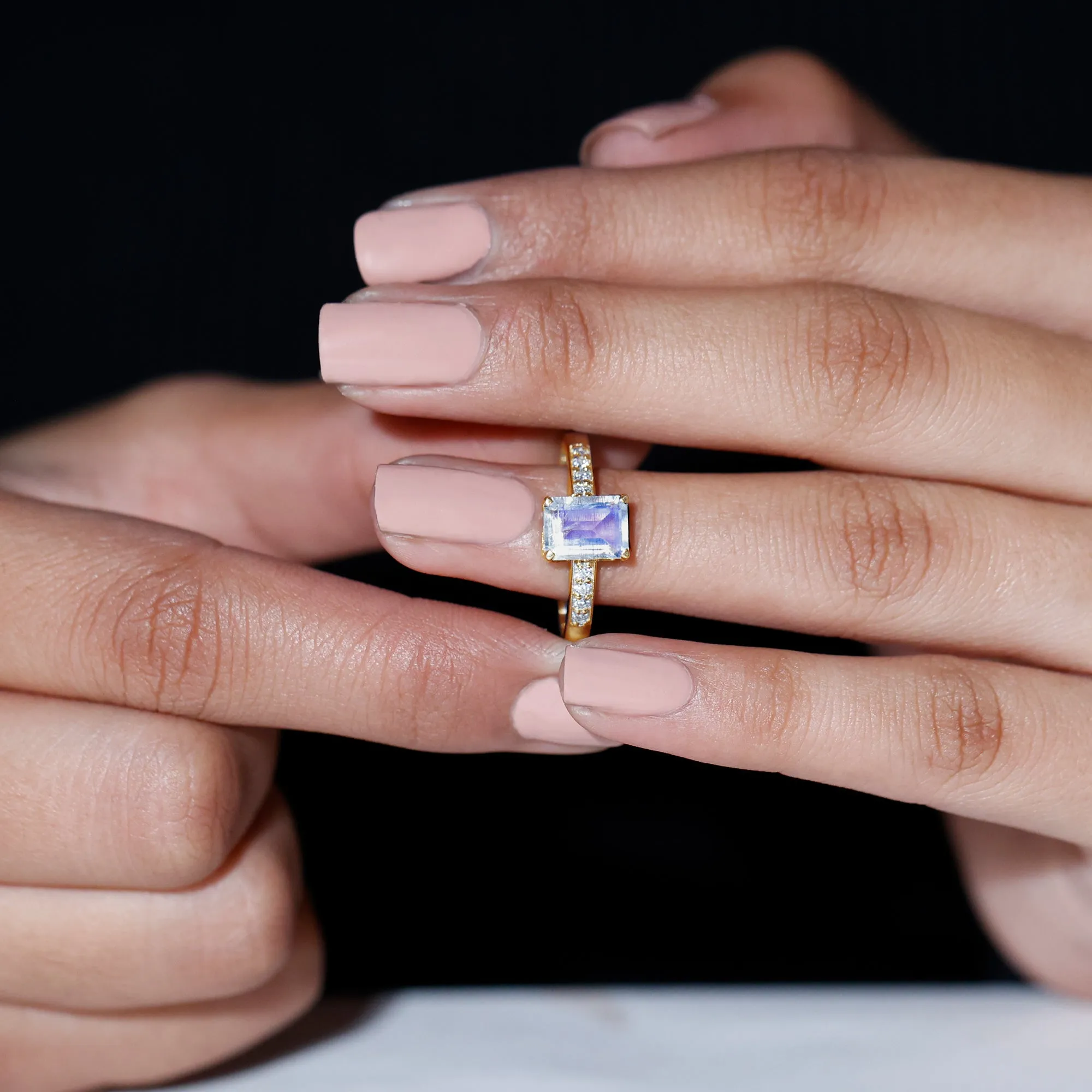 Emerald Cut Moonstone Solitaire Engagement Ring with Diamond Side Stones