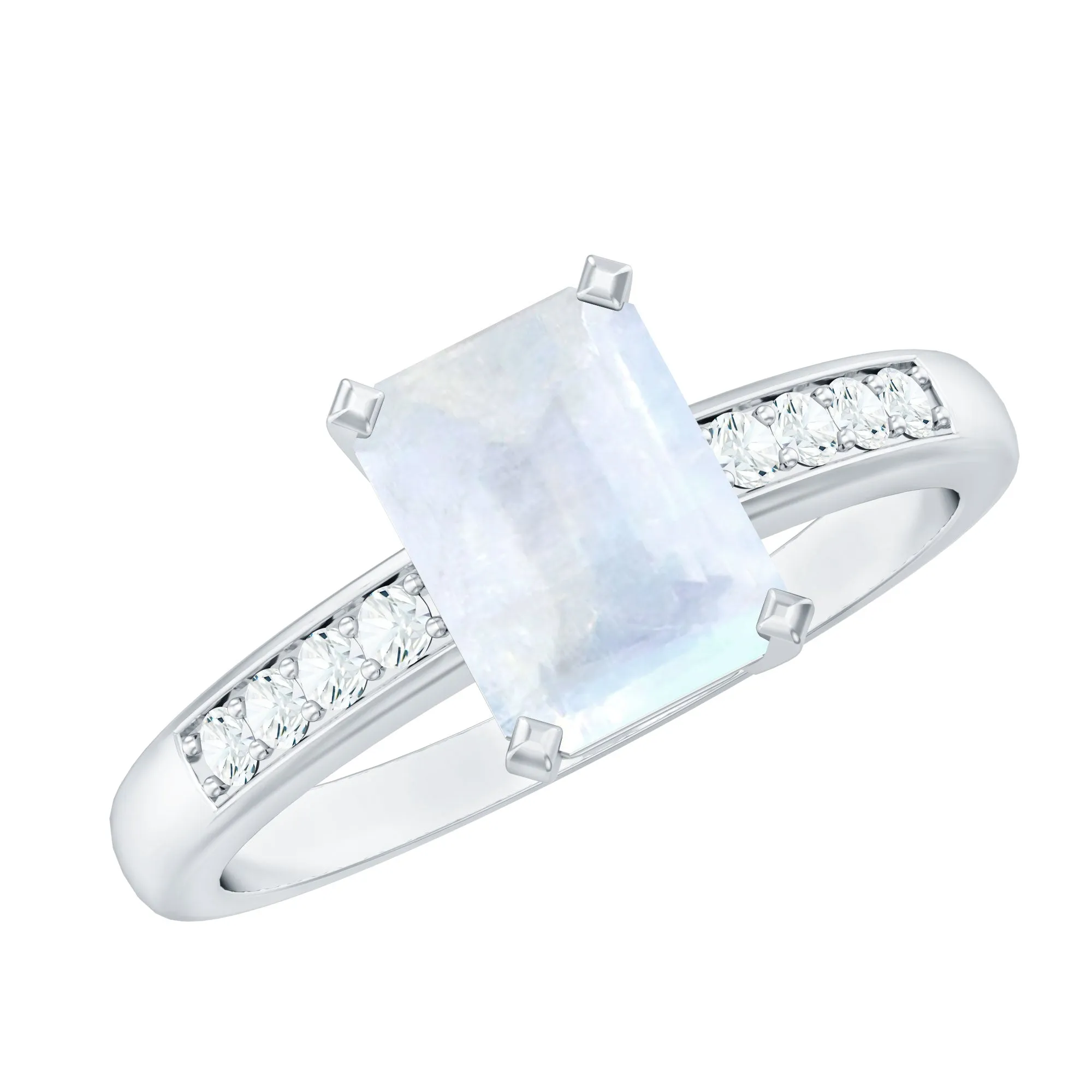 Emerald Cut Moonstone Solitaire Engagement Ring with Diamond Side Stones