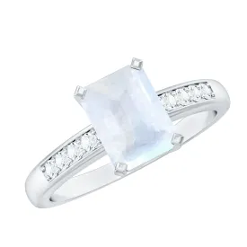 Emerald Cut Moonstone Solitaire Engagement Ring with Diamond Side Stones