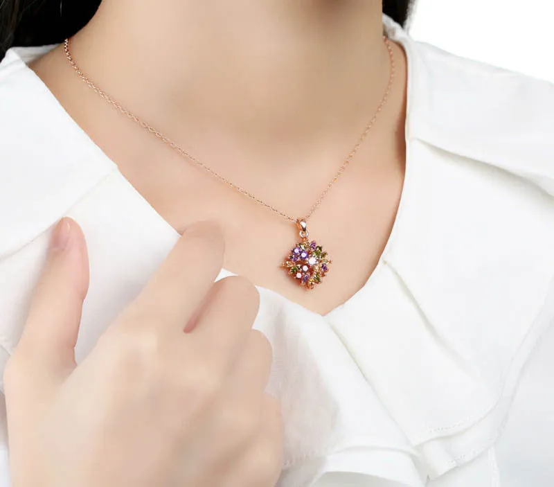 Fashion 18K Real Gold Plated Rhombus Necklaces Pendants with Colorized AAA Cubic Zircon For Women Birthday Gift