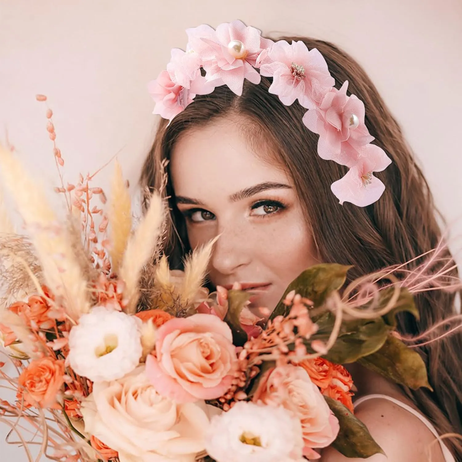 Flower Headband Spring Summer Hair Accessories for Women Girls, Pink Rose Flowers Hair Bands Pearls Elegant Decoration Headdress Party Wedding Supplies Non Slip Head Band 1 Pcs