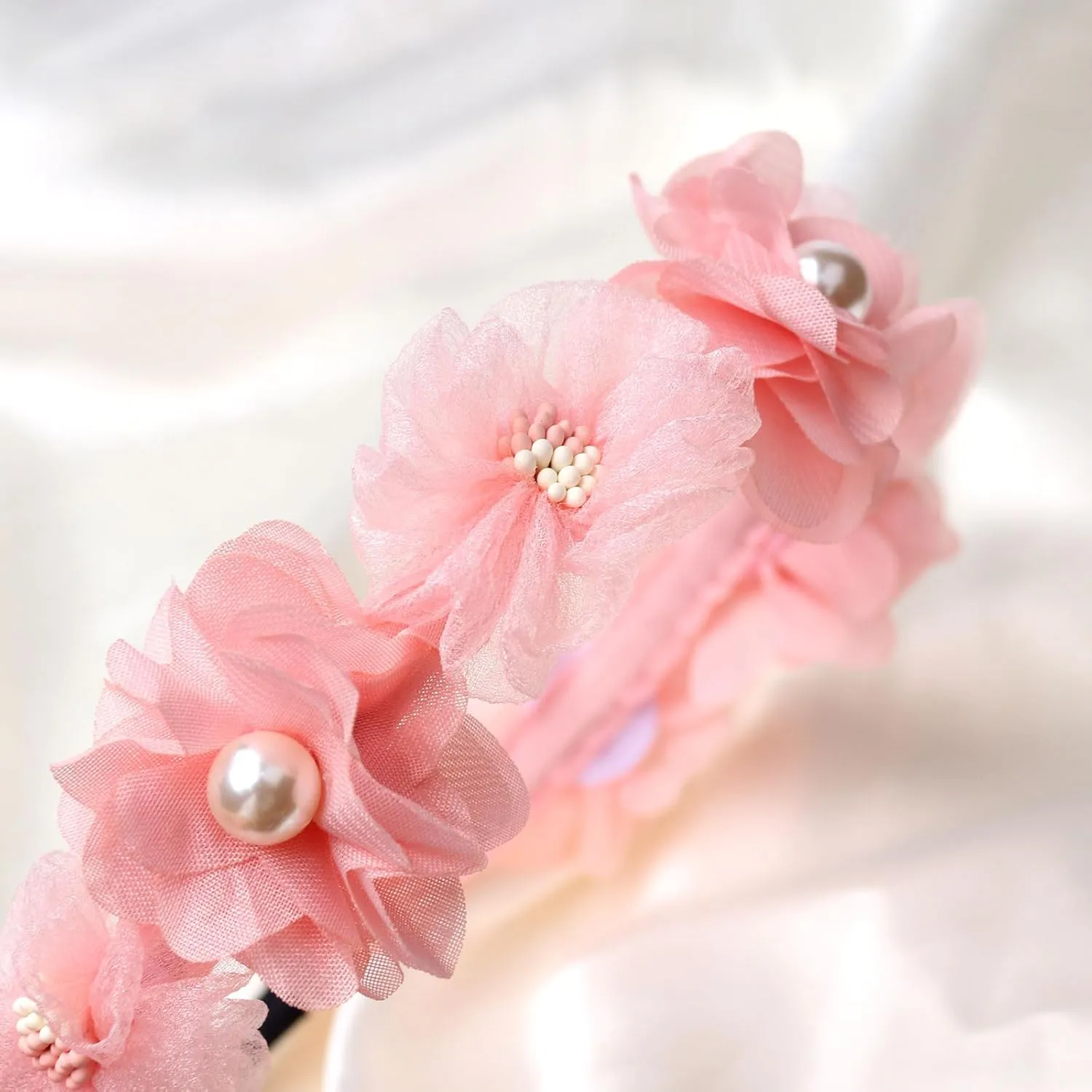 Flower Headband Spring Summer Hair Accessories for Women Girls, Pink Rose Flowers Hair Bands Pearls Elegant Decoration Headdress Party Wedding Supplies Non Slip Head Band 1 Pcs
