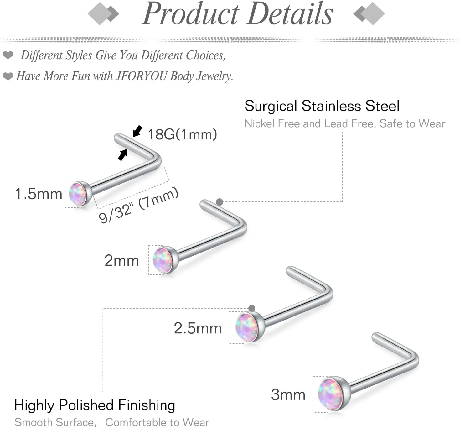 JFORYOU 18G Nose Rings Set for Women Stainless Steel Hypoallergenic 1.5mm 2mm 2.5mm 3mm Nose Studs and Opal Hinged Clicker Segment Nose Rings Hoops Helix Cartilage Daith Conch Tragus Sleeper Earrings