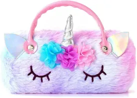Kids Girls Boys Fluffy Faux Fur Unicorn Eyeglass Case Plush Eyewear Glasses Case Hard Shell with Handle