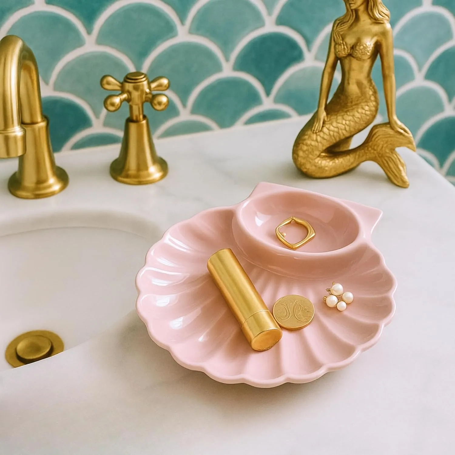 Large Seashell Jewelry Dish Trinket Tray for Women, Pink Ceramic Trinket Dish, Seashell Ring Holder, Cute Shell Jewelry Holder for Pink Coquette Room Decor, Mermaid Bathroom, Coconut Girl Room Decor