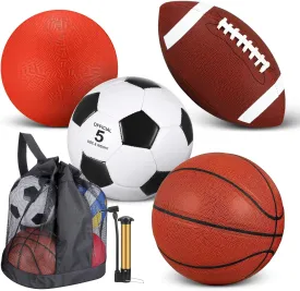 Lenwen 4 Pcs Sports Balls Set, Include Official Size Basketball Soccer Football Playground Ball Pump, Equipment Bag for Teen Adult Sport Gift Back to School
