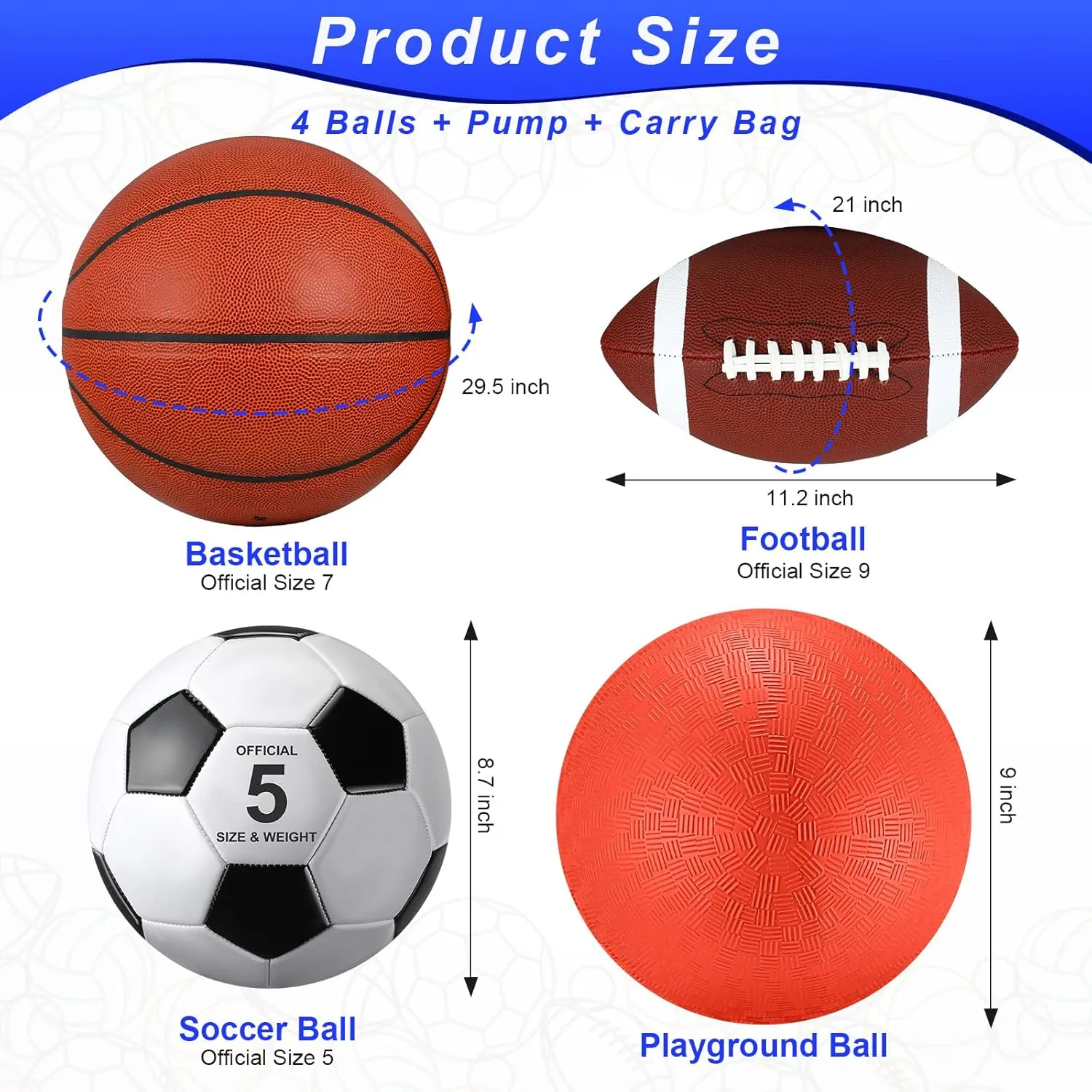Lenwen 4 Pcs Sports Balls Set, Include Official Size Basketball Soccer Football Playground Ball Pump, Equipment Bag for Teen Adult Sport Gift Back to School