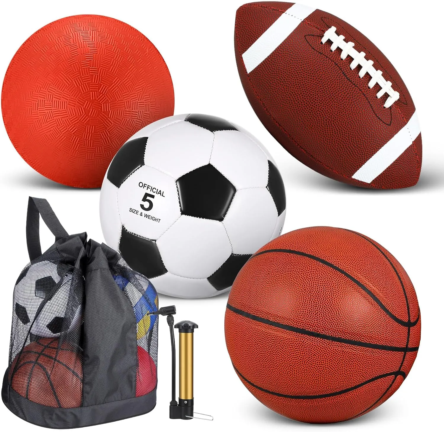 Lenwen 4 Pcs Sports Balls Set, Include Official Size Basketball Soccer Football Playground Ball Pump, Equipment Bag for Teen Adult Sport Gift Back to School