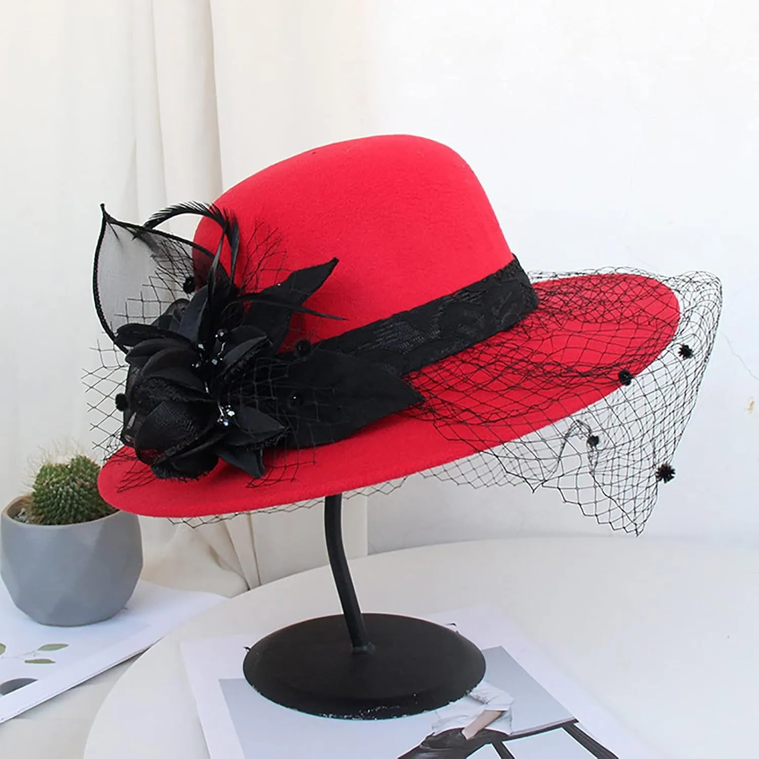 Men Women Roll-up Brim Fedora Bucket Caps Bow Cloche Hat Classic Wool Round Bowler Hats Party Costume Accessory