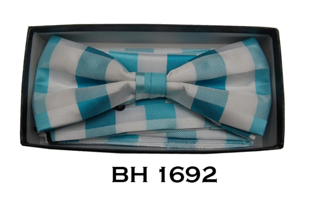 Men's Blue White Checks Pre-Tied Bow Tie With Matching Hanky BH-1692