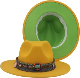 Men's Vintage Two-Color Wide Brim Fedora Hats for Women Unisex Church Party Tassel Panama Jazz Hat