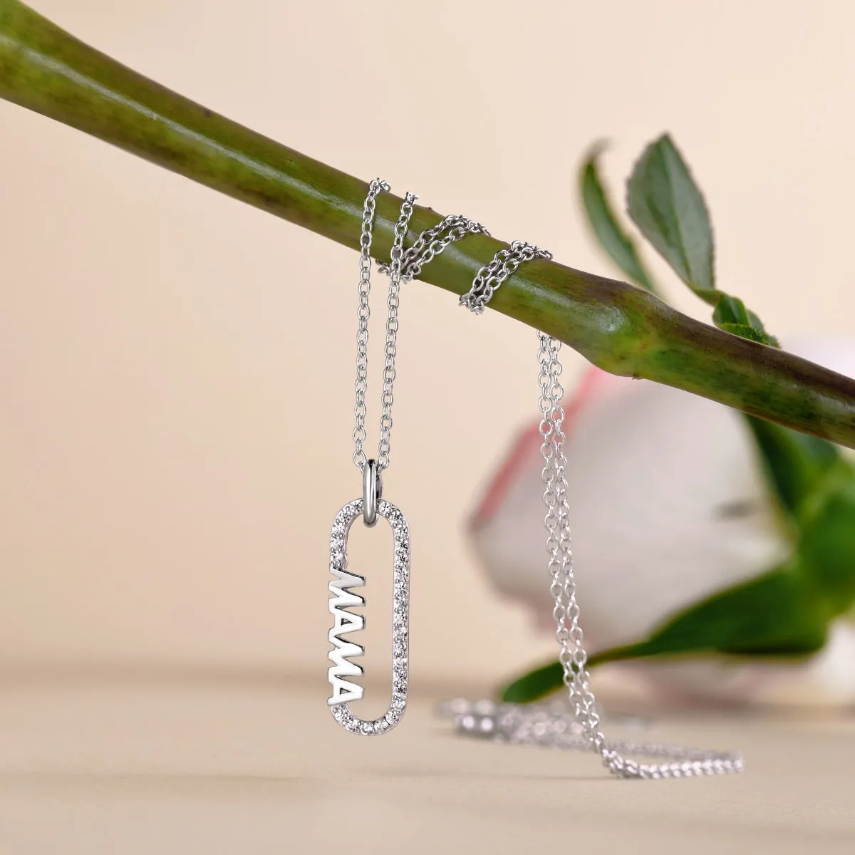 Mom Pavé Paperclip Pendant Necklace