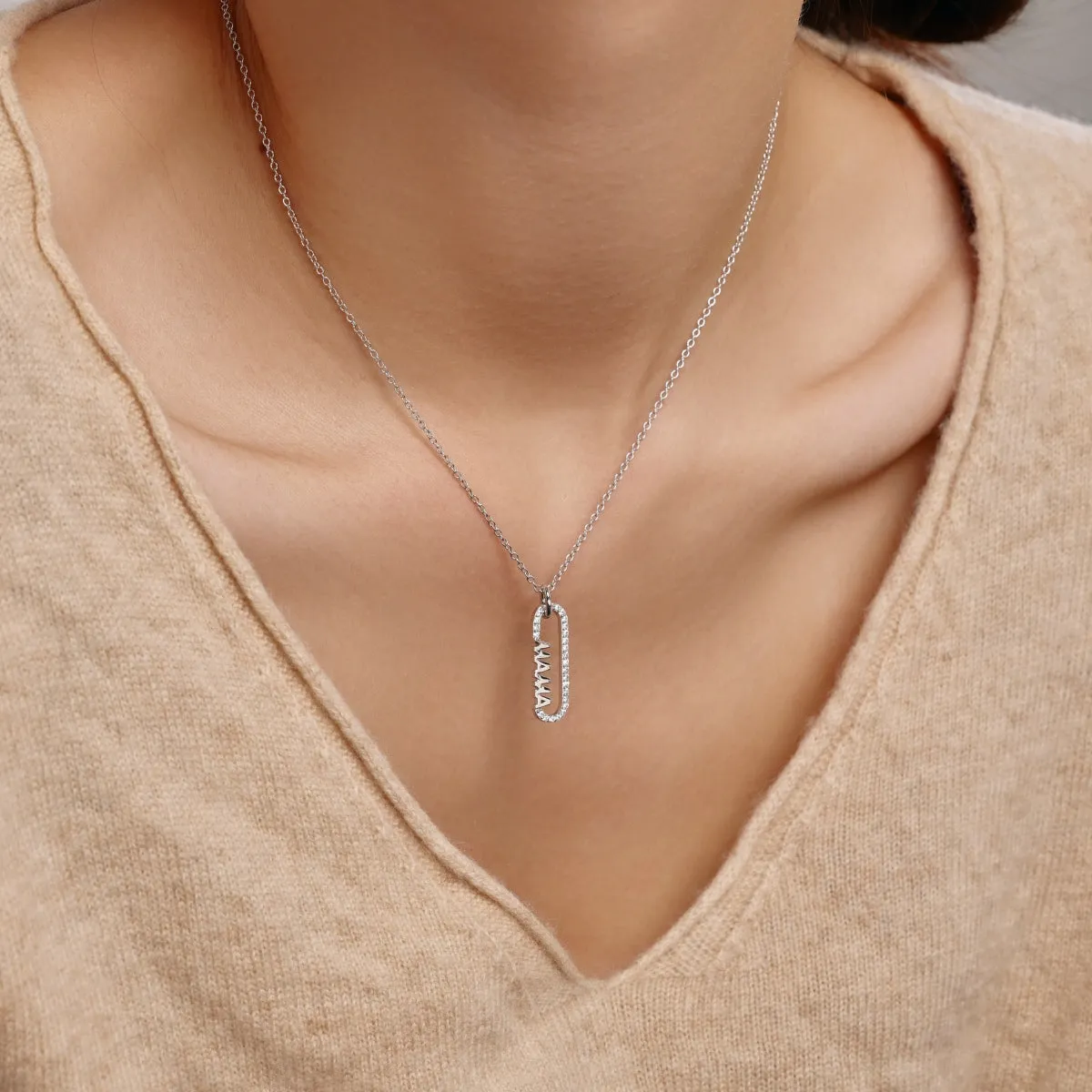 Mom Pavé Paperclip Pendant Necklace
