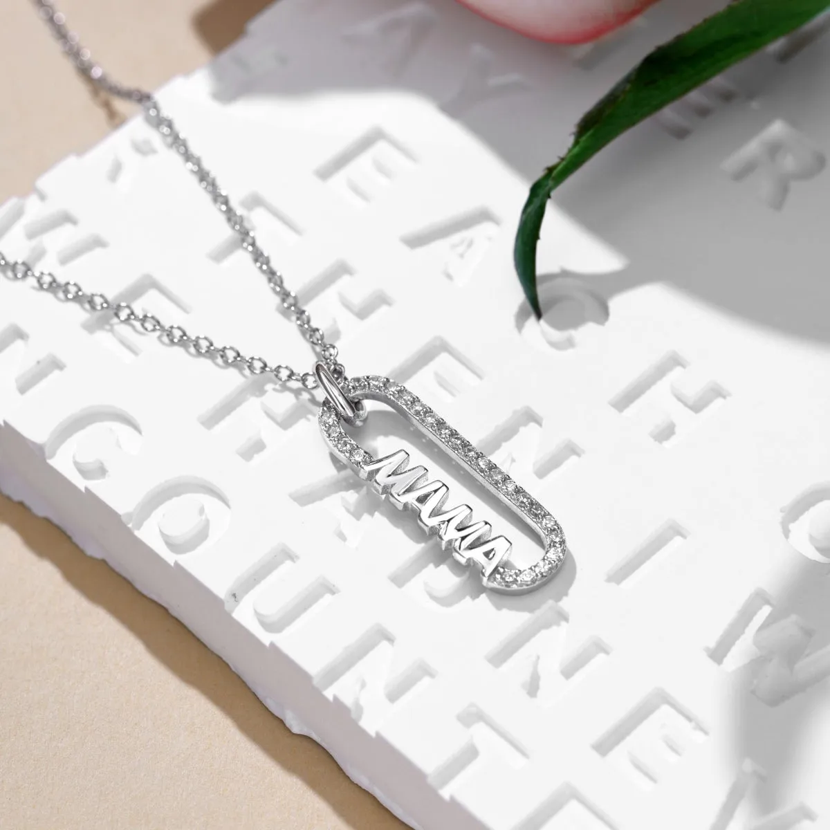 Mom Pavé Paperclip Pendant Necklace