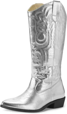 mysoft Women's Cowboy Boots Mid Calf Cowgirl Embroidered Western Pointed Toe Chunky Heel Pull On Knee High Boots