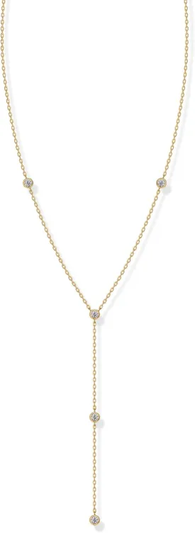 PAVOI 14K Gold Plated Drop Lariat Chain for Women - Gold Cubic Zirconia Long Necklace - Station Star Layered Beaded Y Necklace
