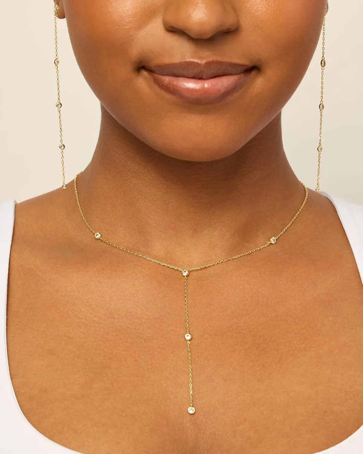 PAVOI 14K Gold Plated Drop Lariat Chain for Women - Gold Cubic Zirconia Long Necklace - Station Star Layered Beaded Y Necklace