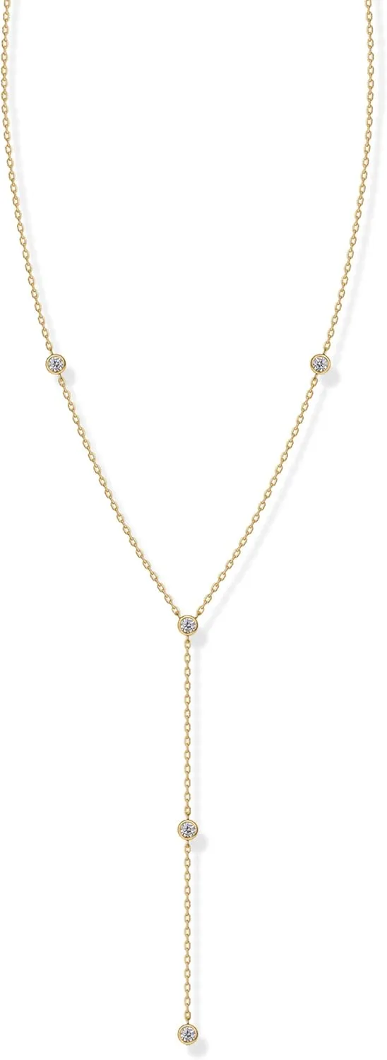 PAVOI 14K Gold Plated Drop Lariat Chain for Women - Gold Cubic Zirconia Long Necklace - Station Star Layered Beaded Y Necklace