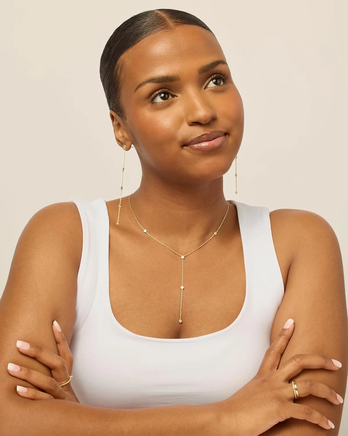 PAVOI 14K Gold Plated Drop Lariat Chain for Women - Gold Cubic Zirconia Long Necklace - Station Star Layered Beaded Y Necklace
