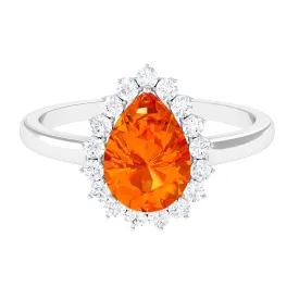 Pear Cut Created Orange Sapphire and Diamond Halo Engagement Ring
