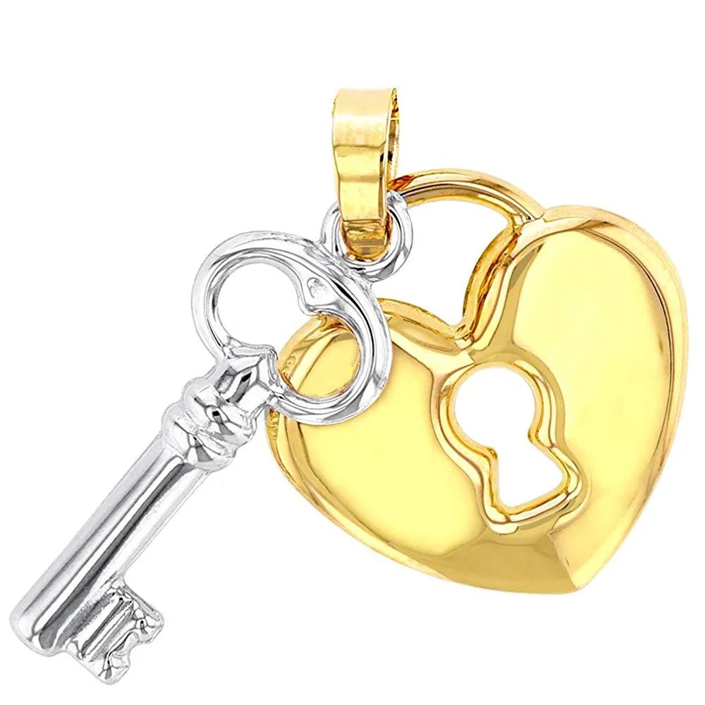 Polished 14K Yellow Gold Heart with White Gold Love Key Pendant Necklace