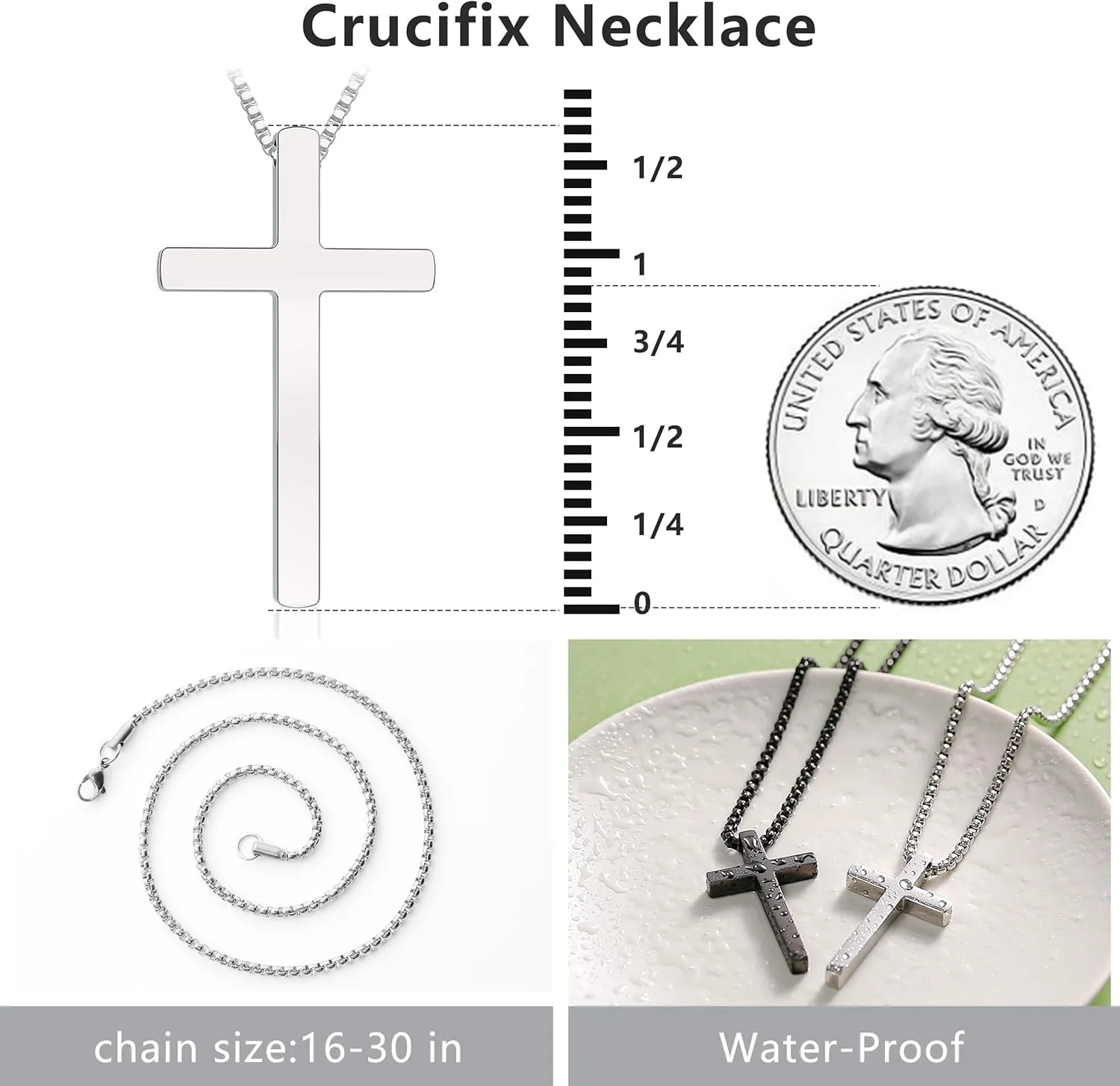 Romass 2 Pcs Cross Necklace for Men Boys,Stainless Steel Pendant Silver Black Crosses Chain Jewelry Gifts Box 16-30 inches