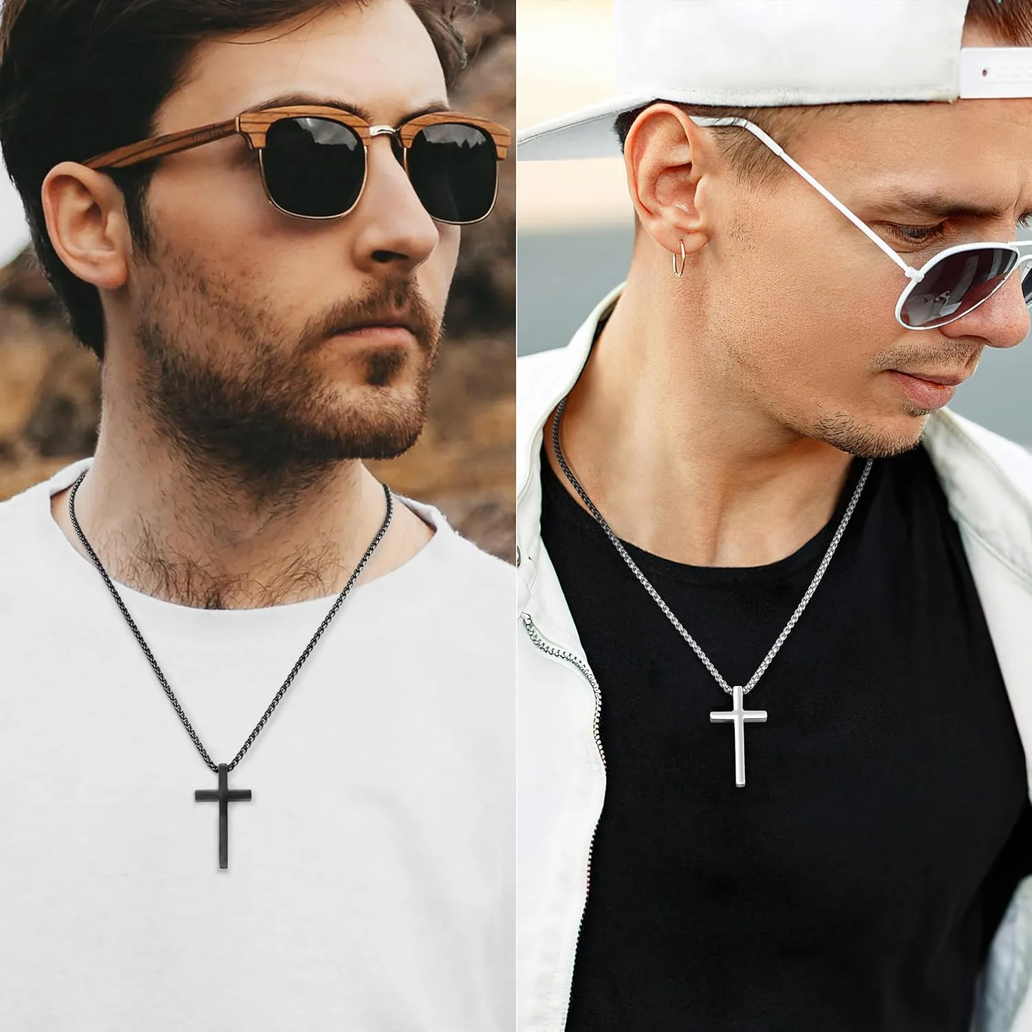 Romass 2 Pcs Cross Necklace for Men Boys,Stainless Steel Pendant Silver Black Crosses Chain Jewelry Gifts Box 16-30 inches